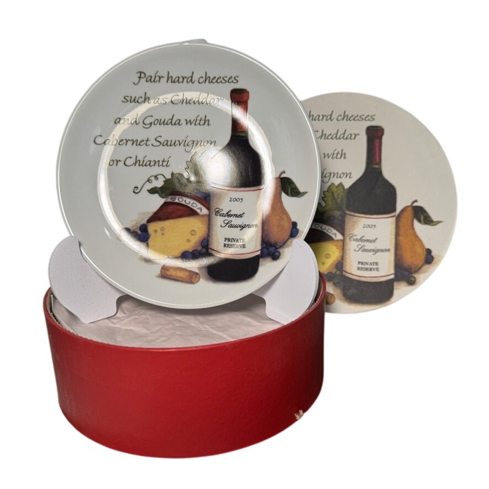 Wine Enthusiast Set of 4 Wine and Cheese Pairing Appetizer Plates 6 inch Ceramic